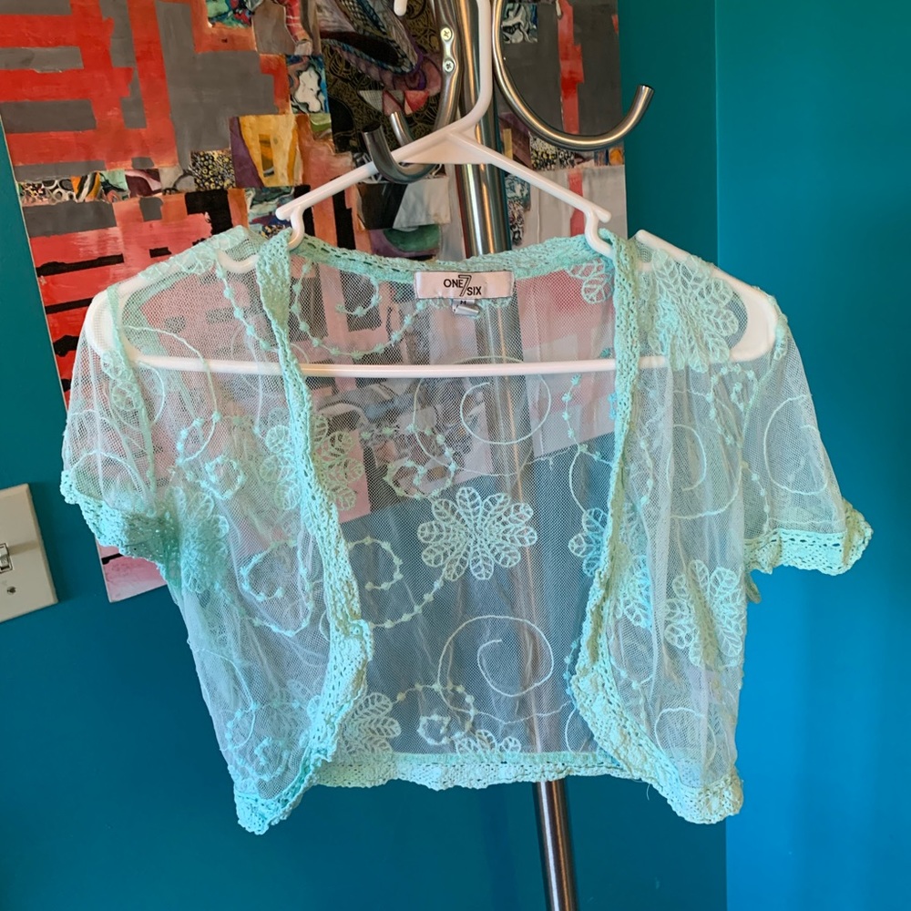 One7Six beautiful aqua see through lace crop top.
